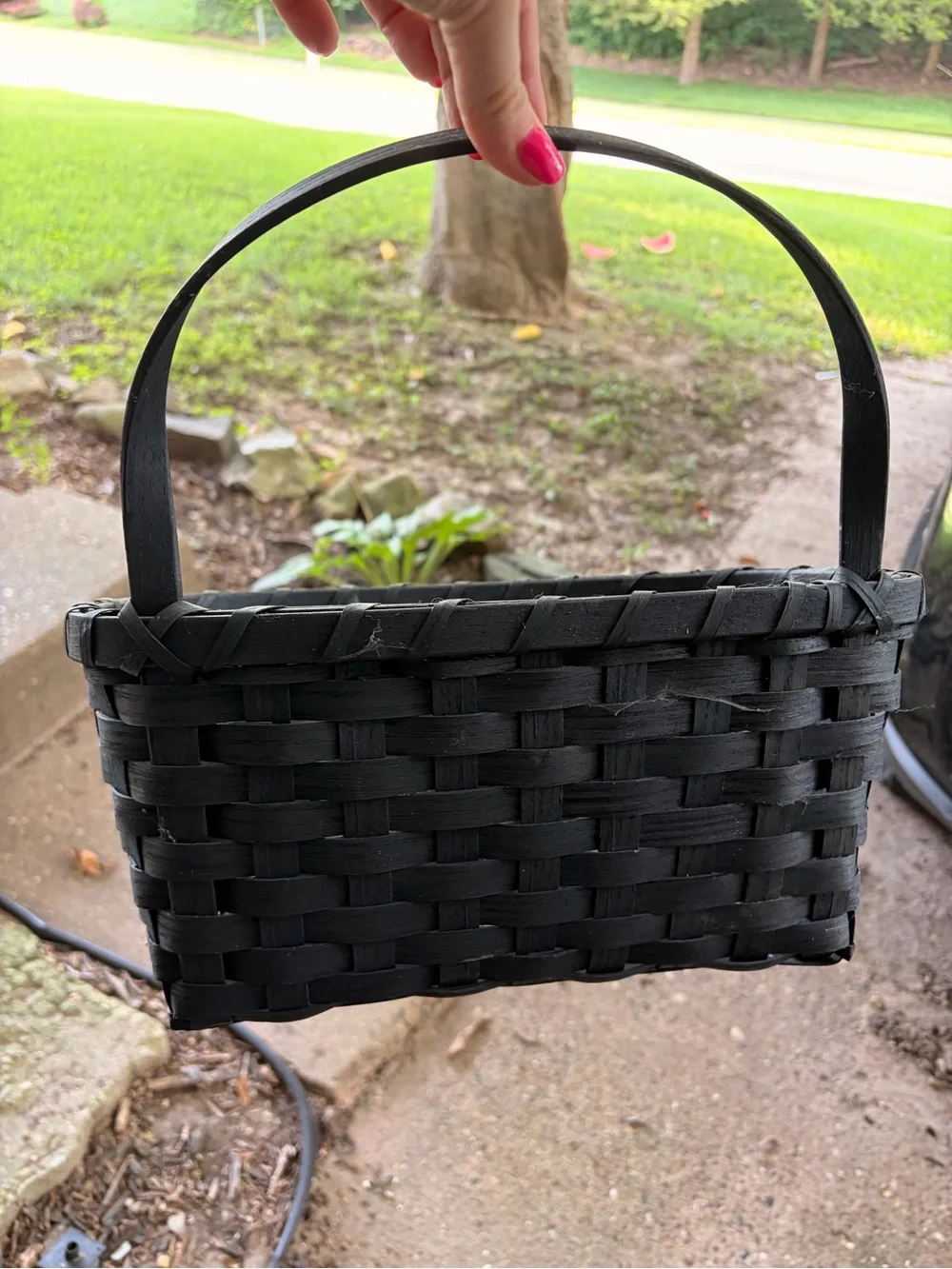 🖤 VINTAGE PRIMITIVE BLACK HANDWOVEN SPLIT WOOD BASKET 🖤